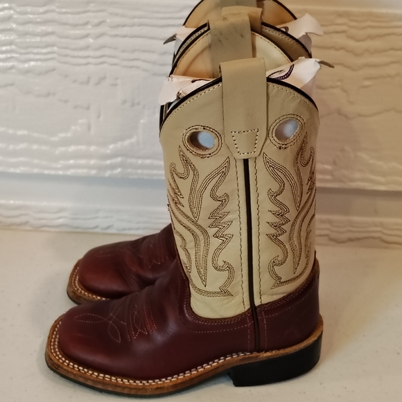 OLD WEST LEATHER COWBOY BOOTS KIDS 8.5 BBSC1855 BROWN TAN COWBOY RODEO FAIR - Picture 4 of 9